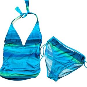Y2K Blue Green Ombre Striped Tankini Swimsuit Set Womens 12 Halter